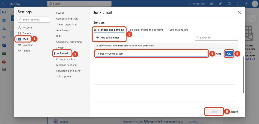 Whitelist email outlook web